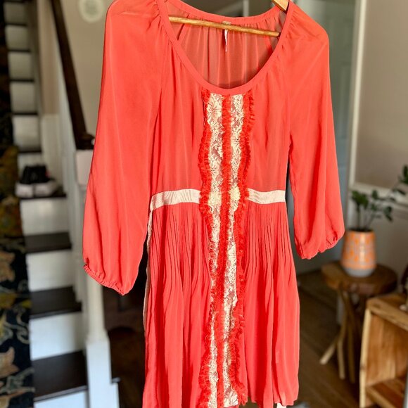 Free People Red Orange Sheer Chiffon Dress Lace Trim Ribbon Belt Womens Size 0 - Picture 16 of 16